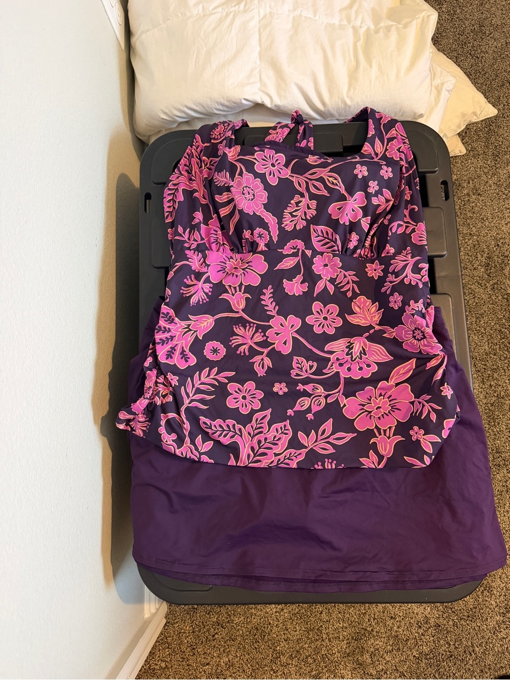 Lands' End Purple Tankini with Pink Floral Print and Purple Skirt